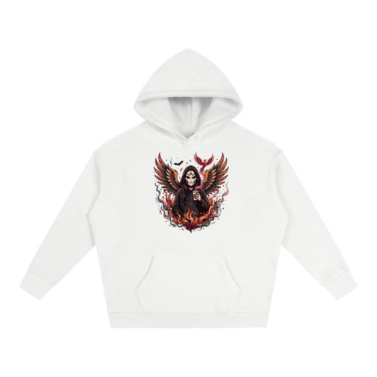 A white pullover hoodie with a detailed graphic print on the chest depicting a skeleton figure with large red and orange wings, surrounded by flames, set against a plain white background.