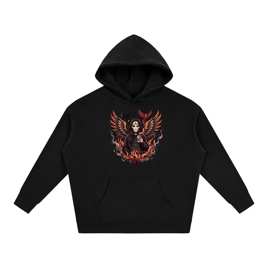 A black pullover hoodie with a graphic print of a winged skeleton figure surrounded by flames on the chest, displayed against a solid white background.